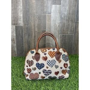 Vintage Orvis Tapestry Heart Handbag Leather Trim Satchel Purse